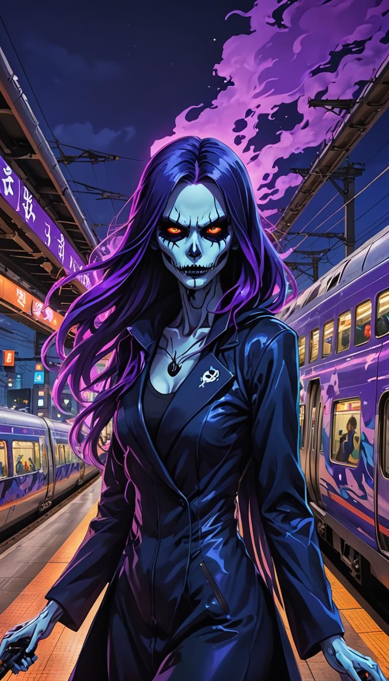 a female grim-reaper character with long purple flowing hair
