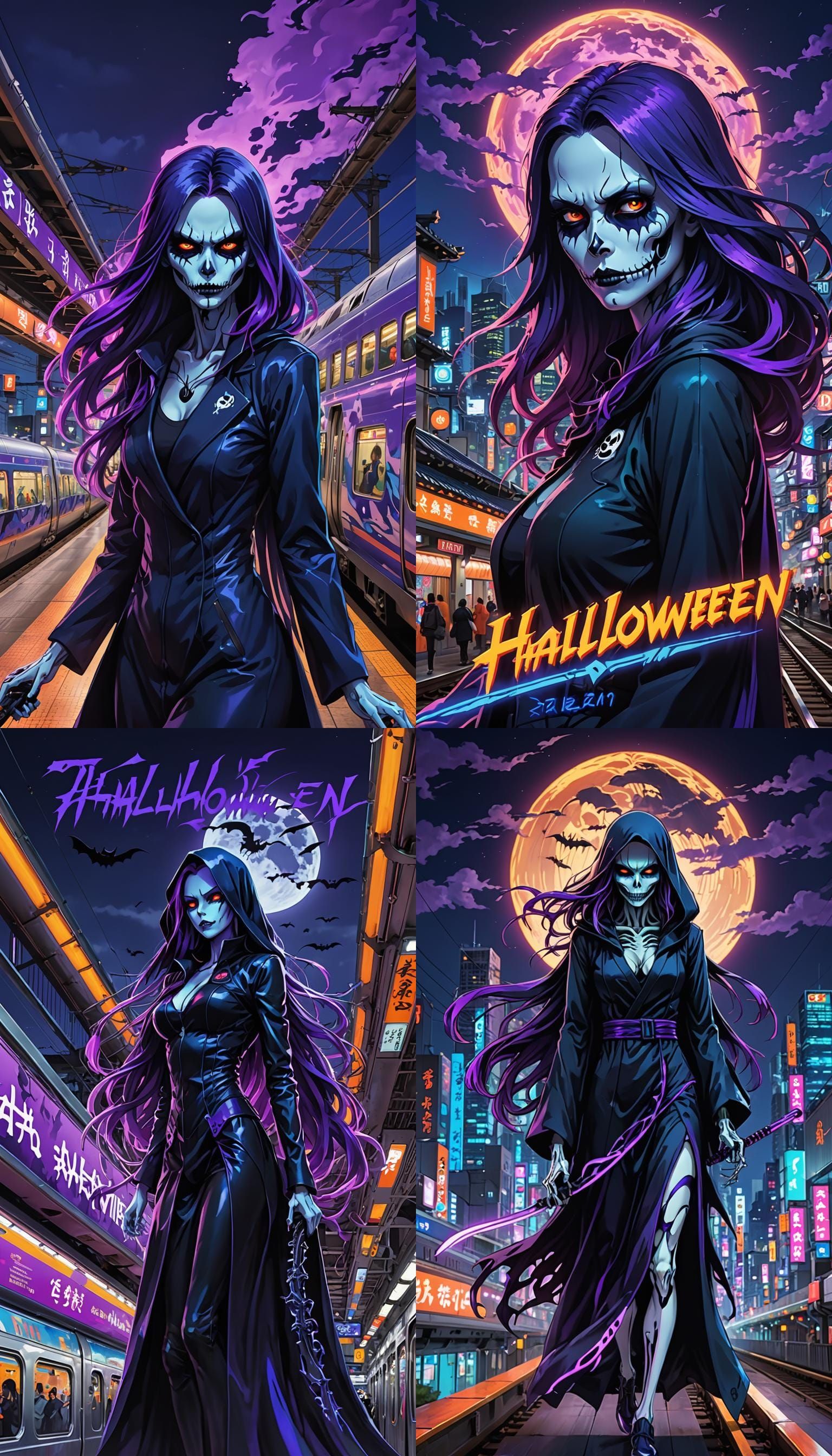 a female grim-reaper character with long purple flowing hair