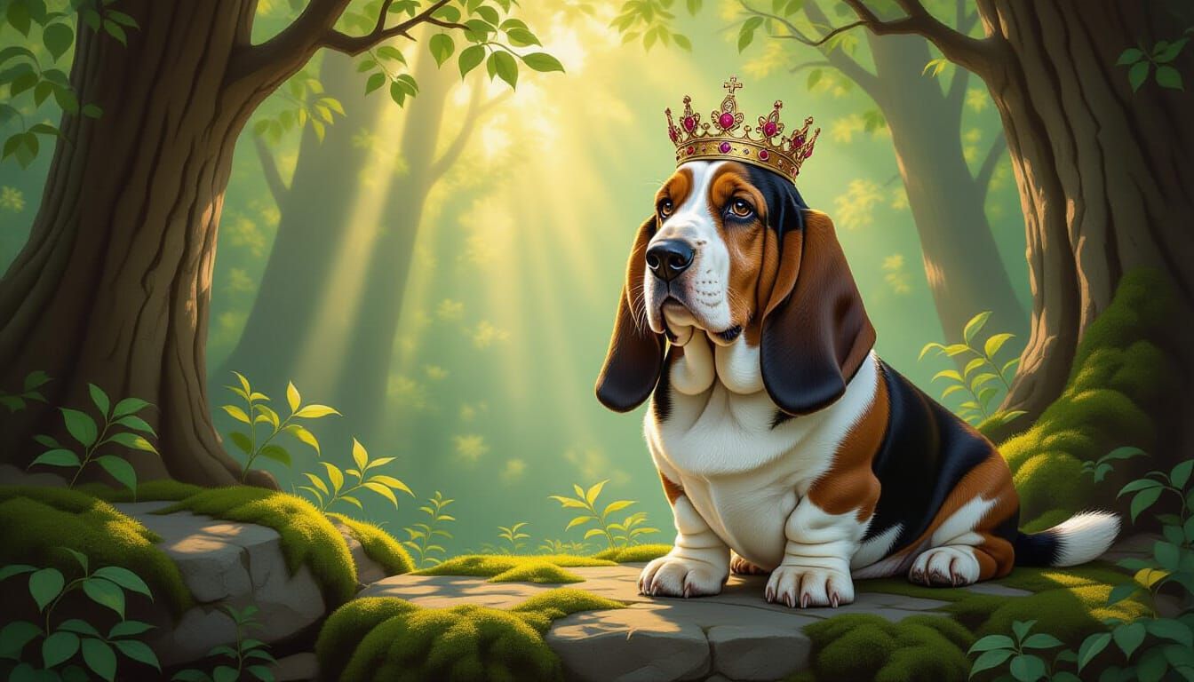 Regal Basset Hound King in Ancient Forest Oil Painting