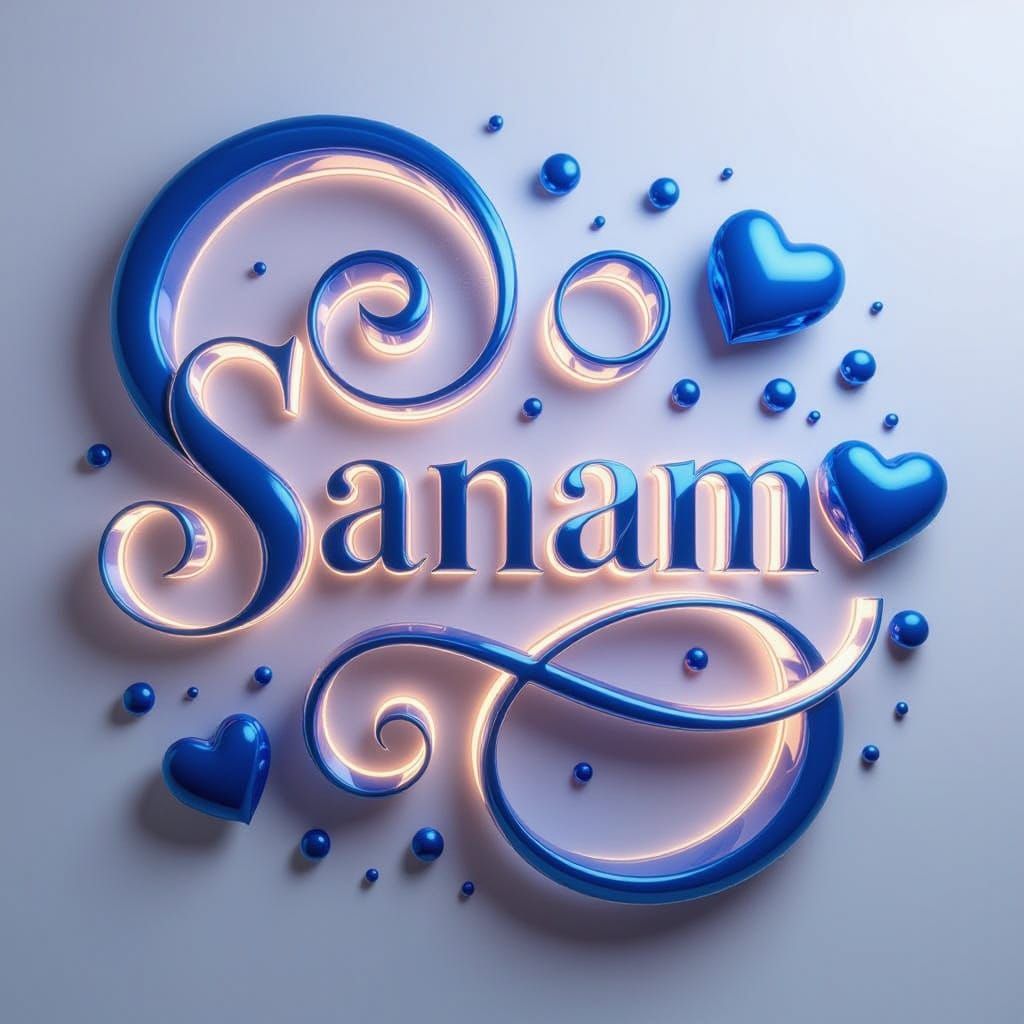 Elegant 3D Typography: "Sanam" in Bleu Translucent Letters