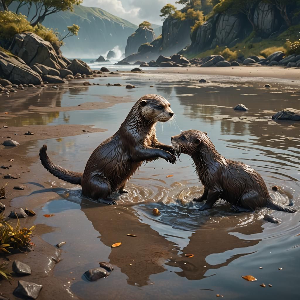 Otter Plays with Dog: Detailed Matte Painting