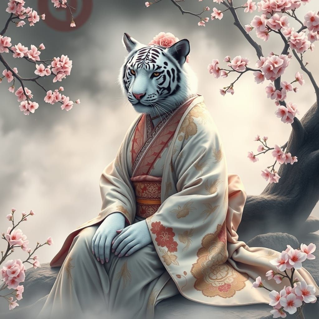 White Tiger Geisha Goddess in Misty Garden