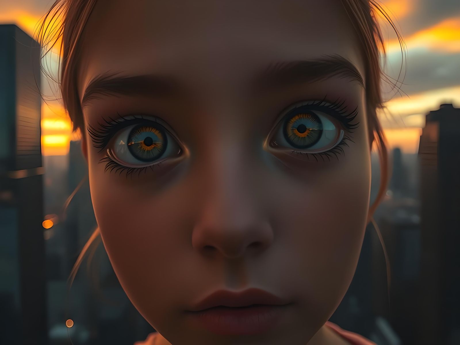 Girl's Face Reflecting Sunset Cityscape in Her Eyes