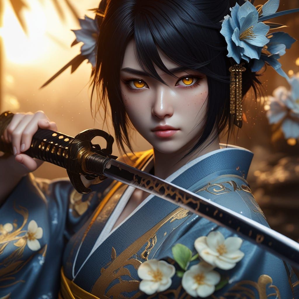 Hiperdetailed, Kunoichi black hair whit yellow eyes