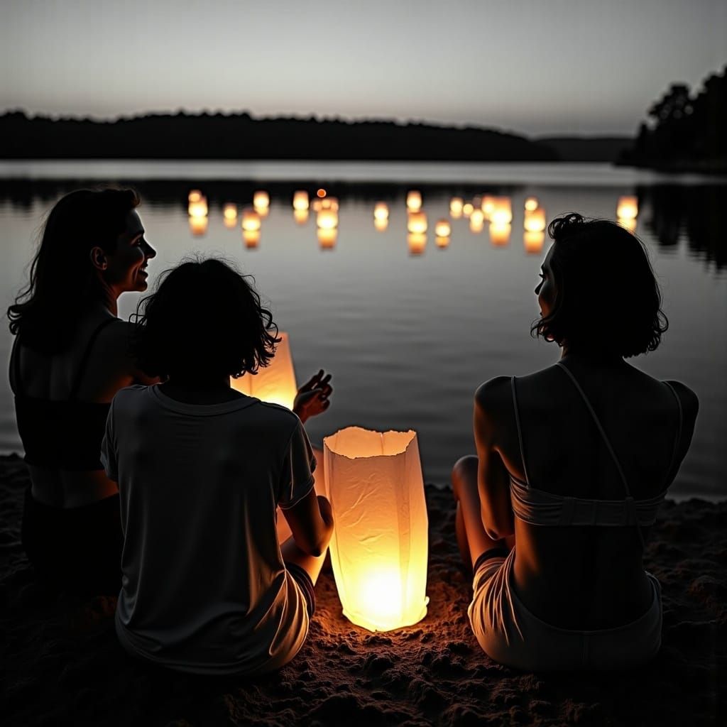 Friends Lighting Lanterns at Dusk in Pop Art Style