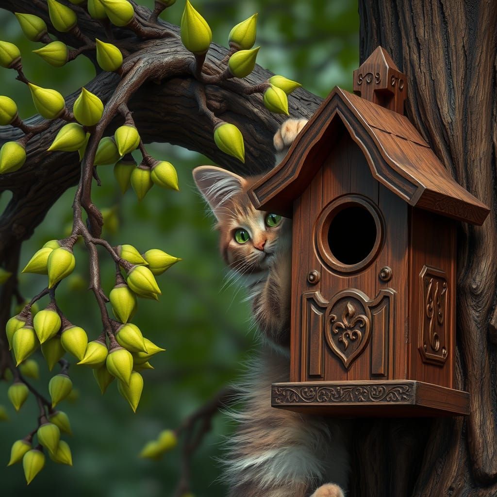 Cat Reaching Birdhouse: Detailed Matte Painting