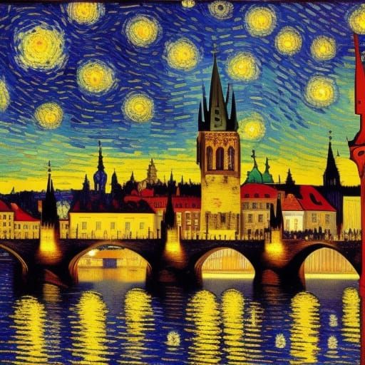 Prague Starry Night: Post-Impressionist View