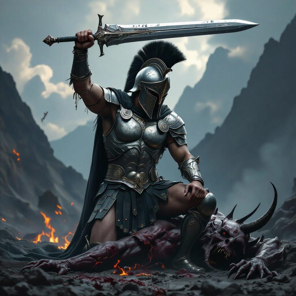 Archangel Defeats Demon in Black and Gray Realism