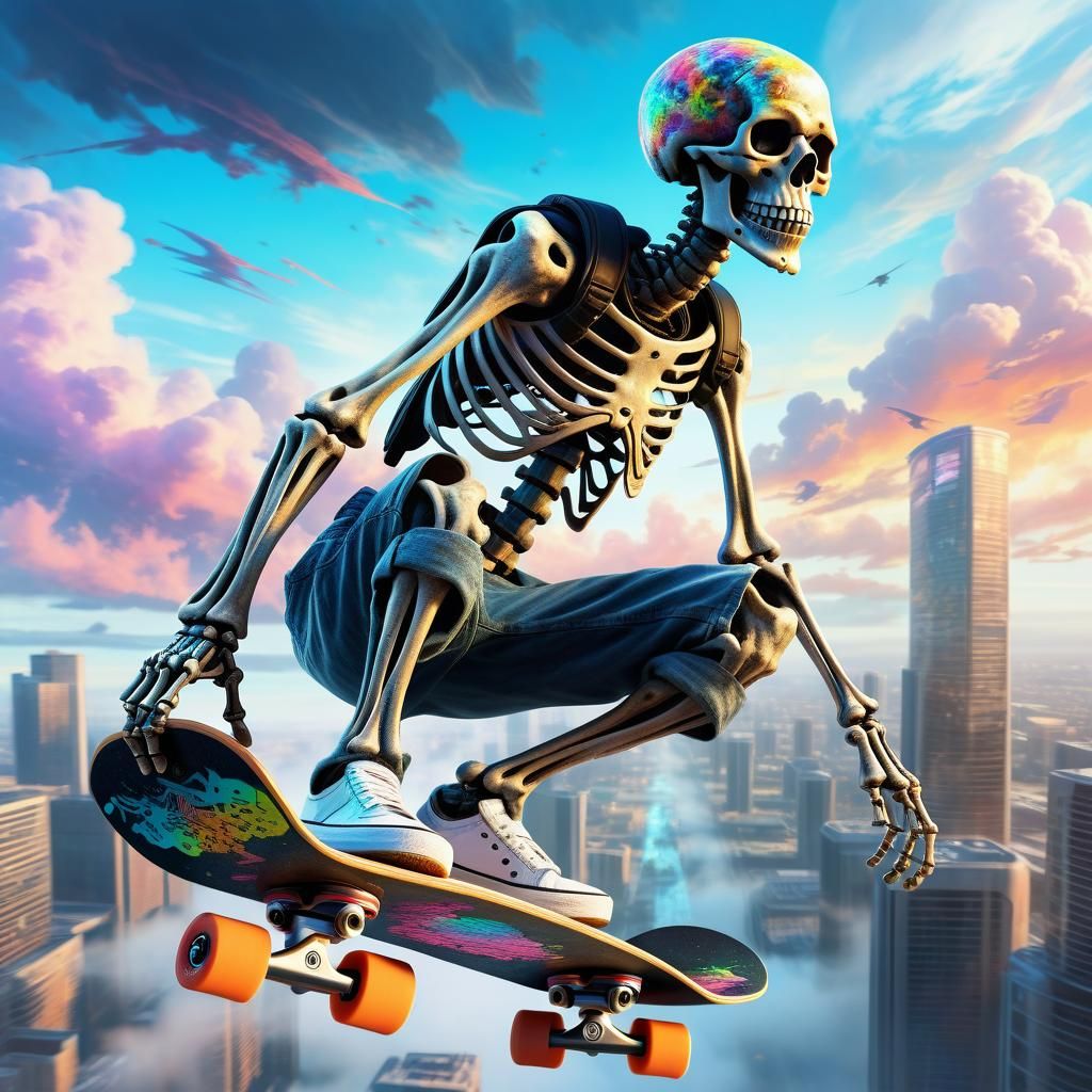 Cybernetic Skeleton Skateboarder in Clouds, Hyperrealistic A...