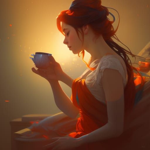 Girl Drinking Tea: Hyperdetailed Art Nouveau Style