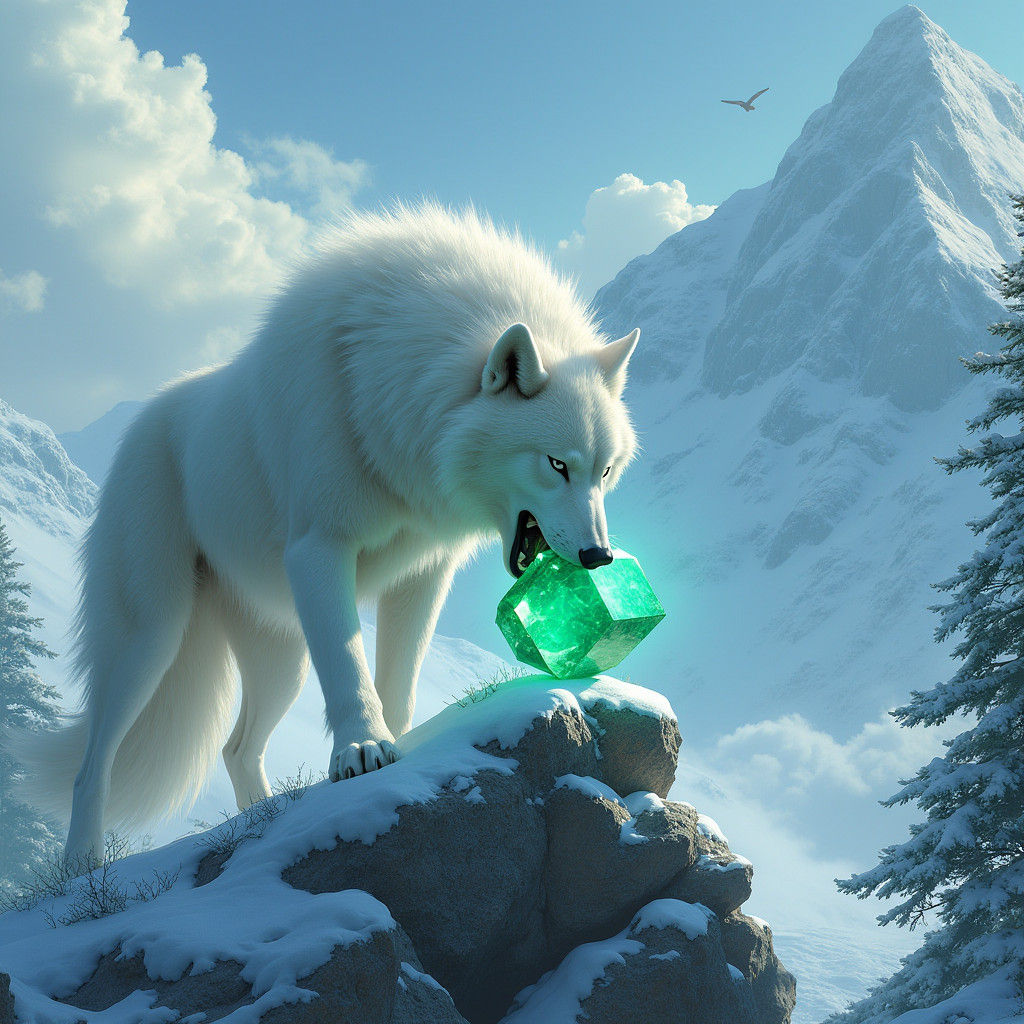 White Wolf Biting Emerald on Snowy Mountain