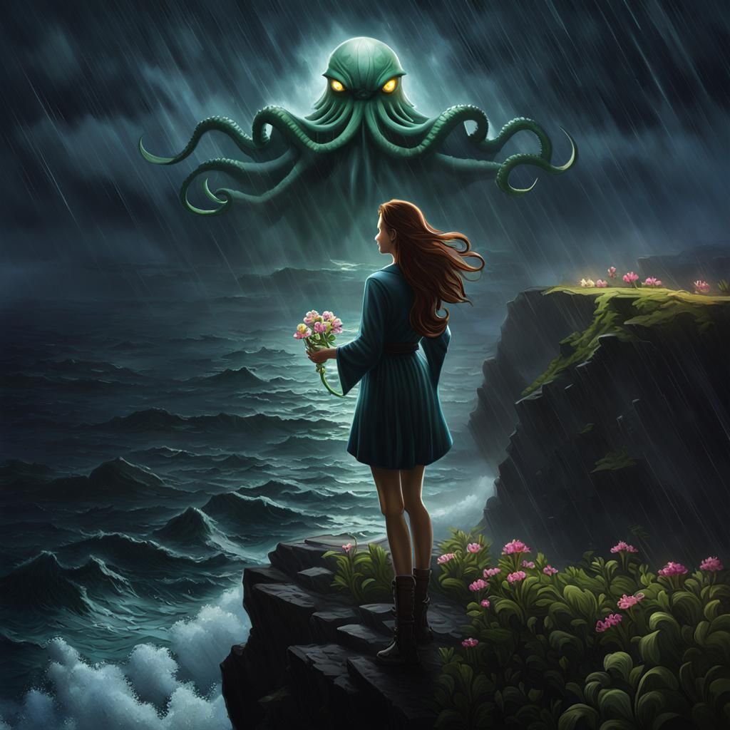 Girl, Cthulhu, and Flower in Dark Fantasy Art