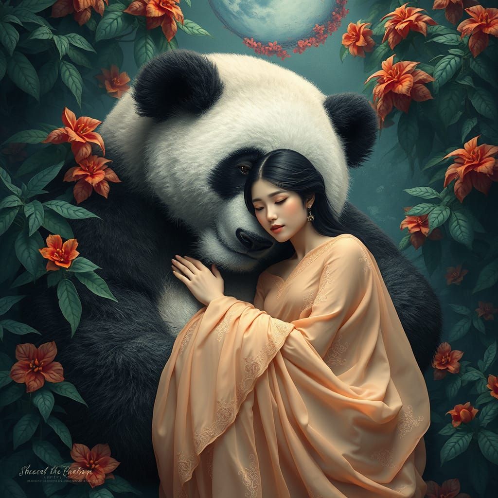 Majestic Panda Cradles Serene Young Chinese Woman in Lush Fa...