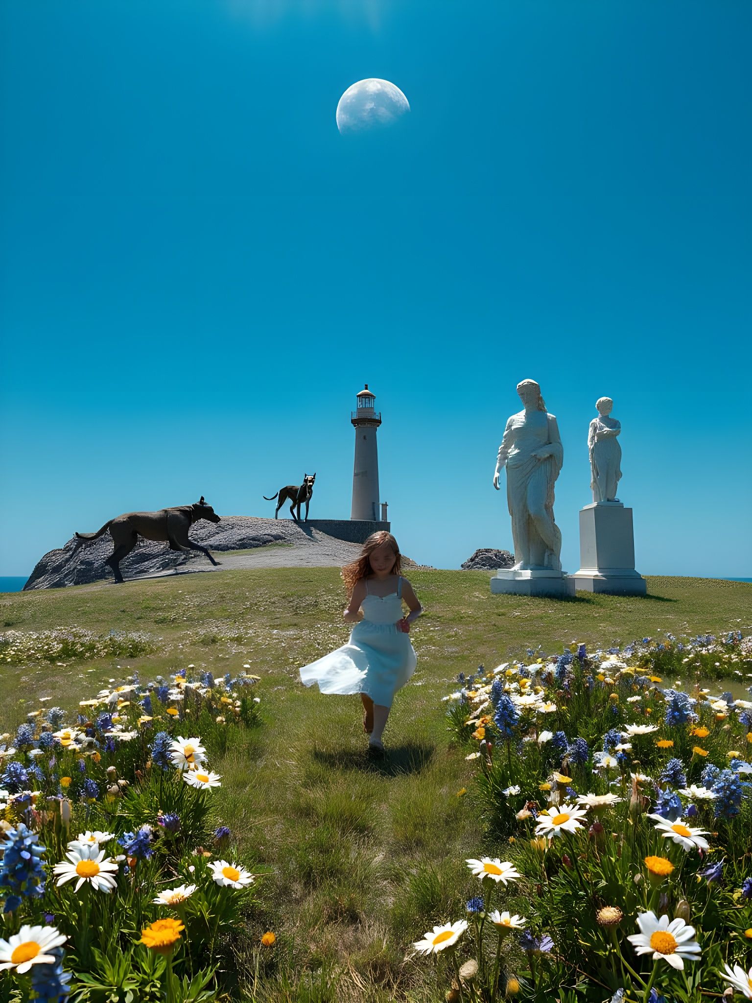 Surreal Lighthouse Scene with Saturn in 3D Anime Style