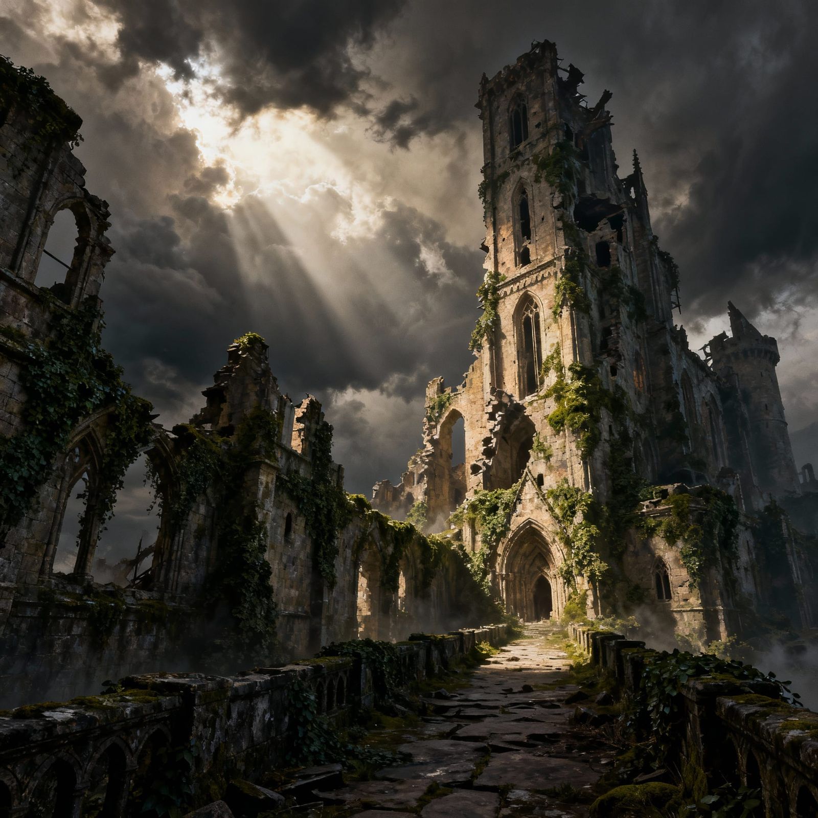Majestic Castle Ruins in Moody Stormy Light