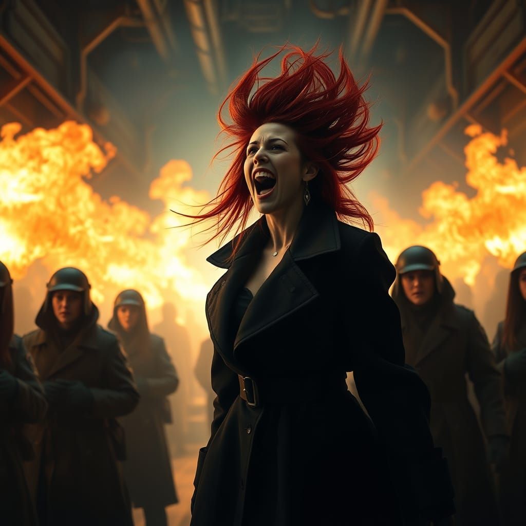 Fiery Woman Warns Crew in Dark Industrial Sci-Fi