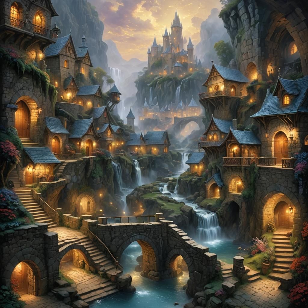 a medieval underground city with warm lights from the stone ceiling, with castles, huts, stone temples, stone walls, sto...