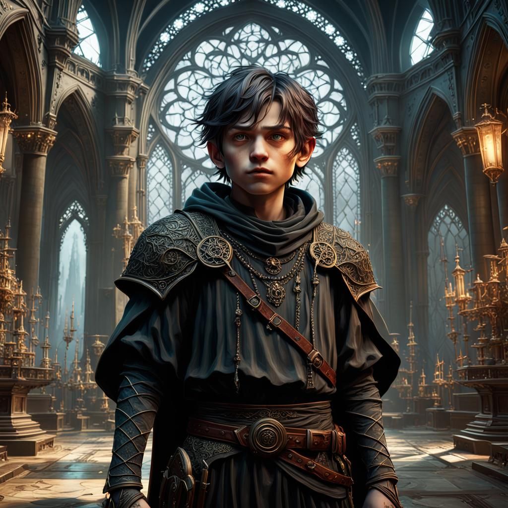 Giant Boy in Gothic Setting: 3D Dark Fantasy