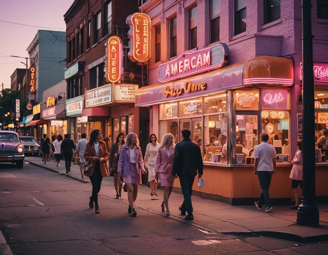 Vibrant Cityscape with Retro Shops in Painterly Style