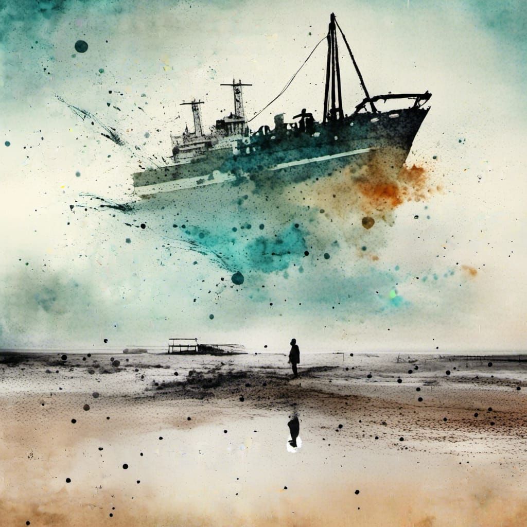 Surreal Beach Head Ship Watercolor Double Exposure