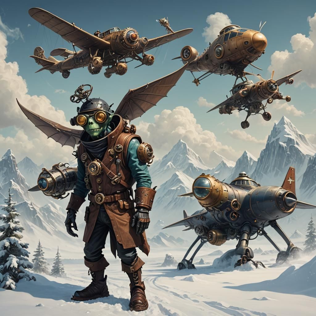 Steampunk Alien Pilot in Snowshoes