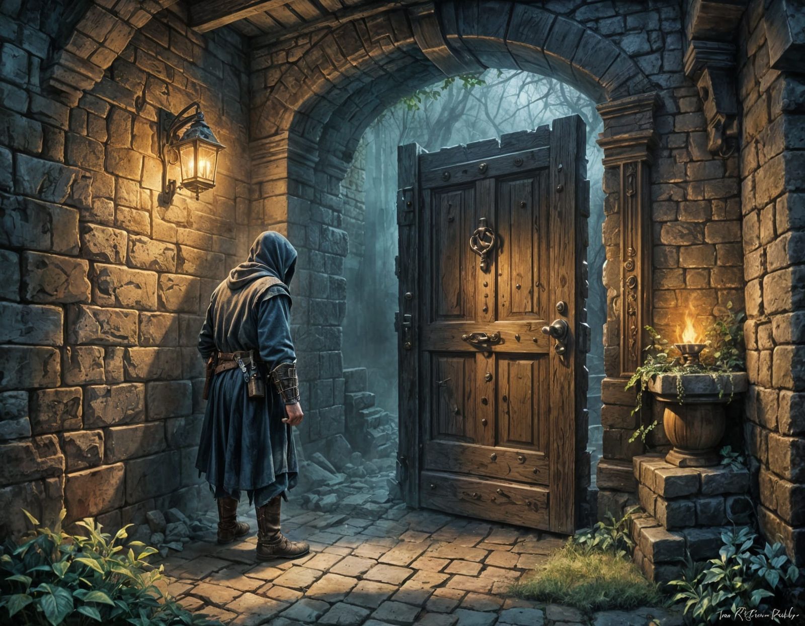Thief Uncovers Secret Door in Dark Fantasy Dungeon