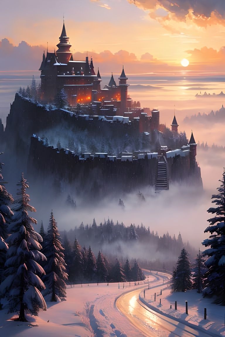 Majestic Medieval Castle in Winter Snow, Digital Painting