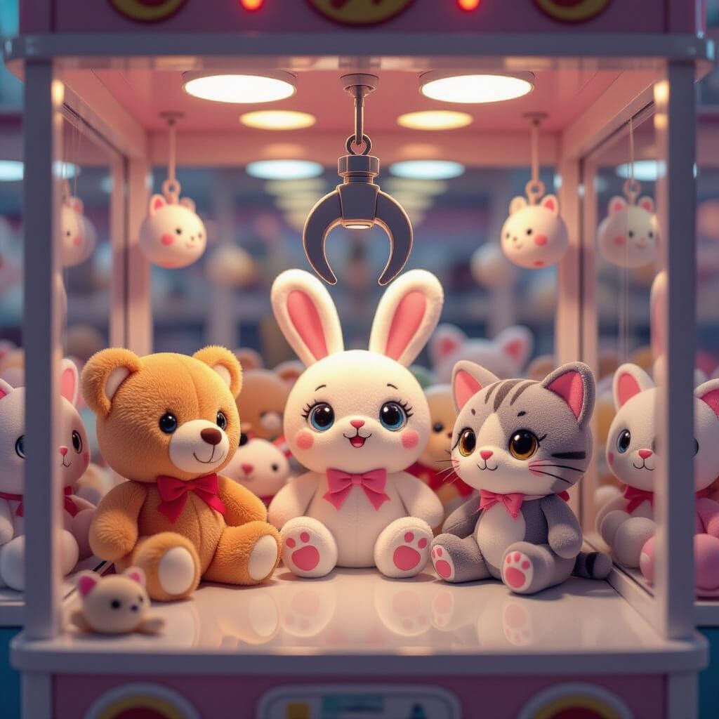 Cute Claw Machine in Vibrant Arcade with Plush Toys