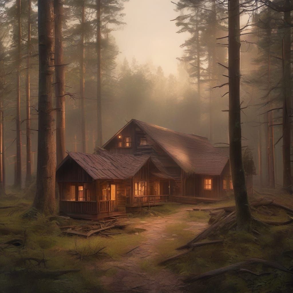 Rustic Logging Camp in Golden Hour