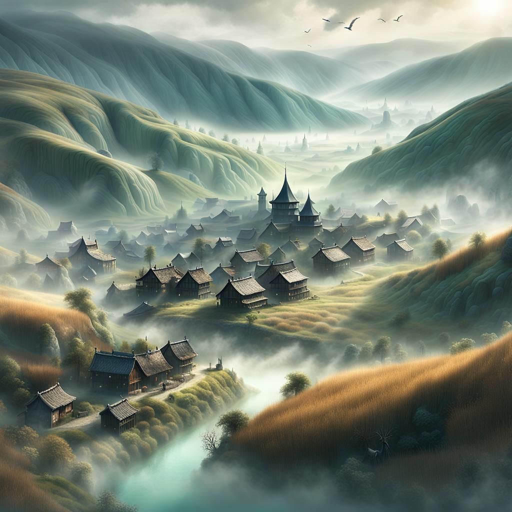 Whimsical Village in Dreamlike Digital Matte Painting