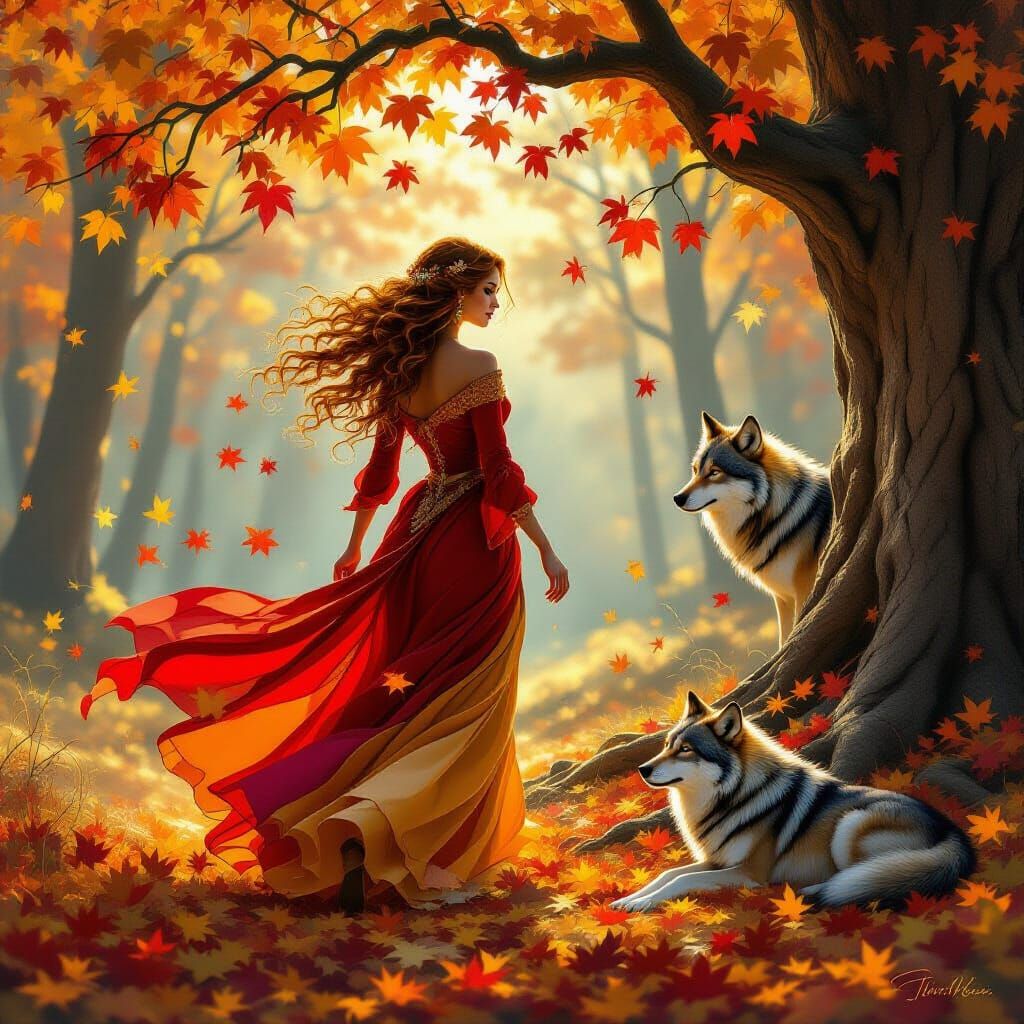 Woman and Wolf in Autumn Forest Digital Painting