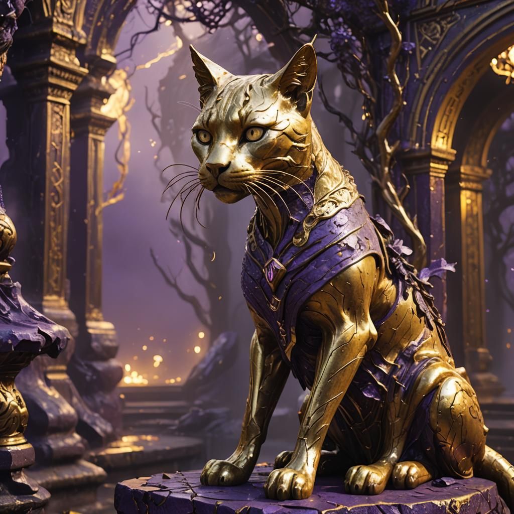 Ornate Golden Cat-Girl Statue Leaking Purple Blood