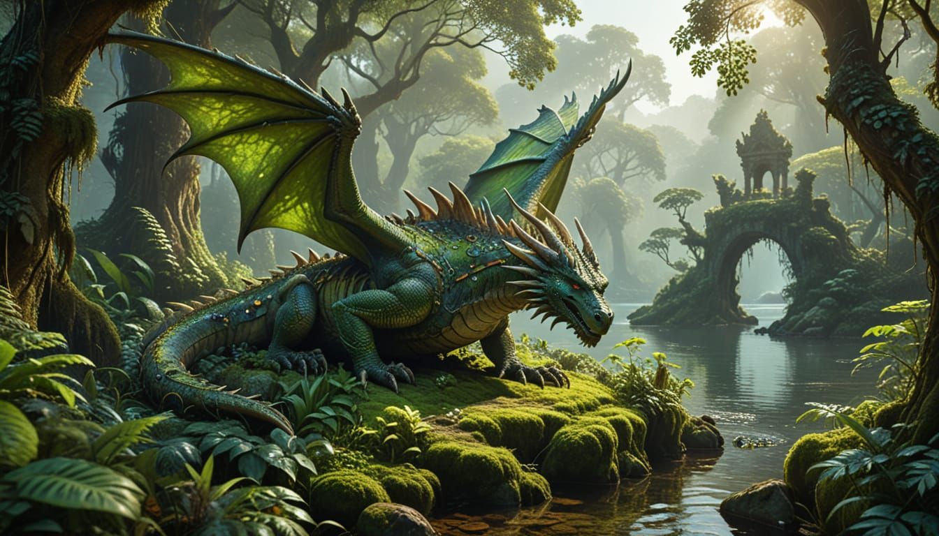 Moss Dragon in Tropical Forest, Digital Art