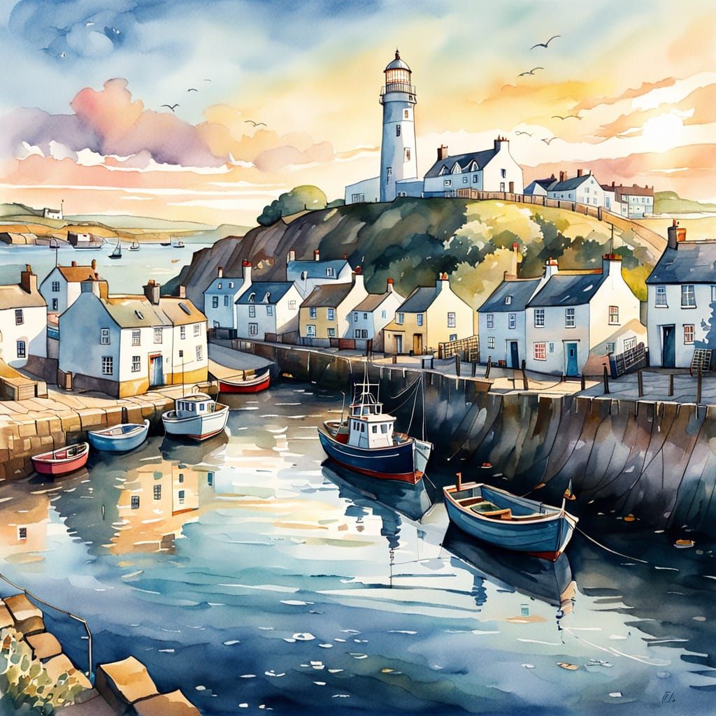 Devon Coastal Village Harbour in Watercolour Style