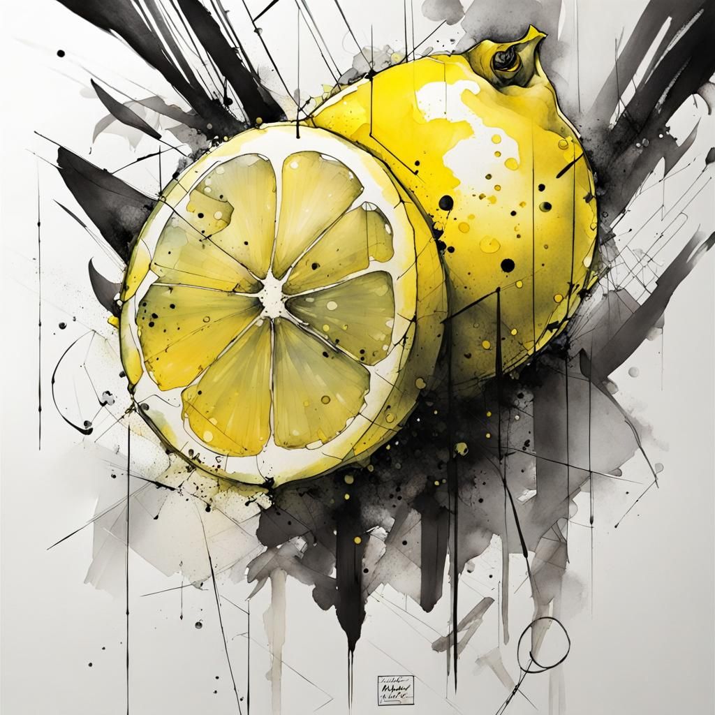 Botanical Lemon Illustration in Ink Fusion Style