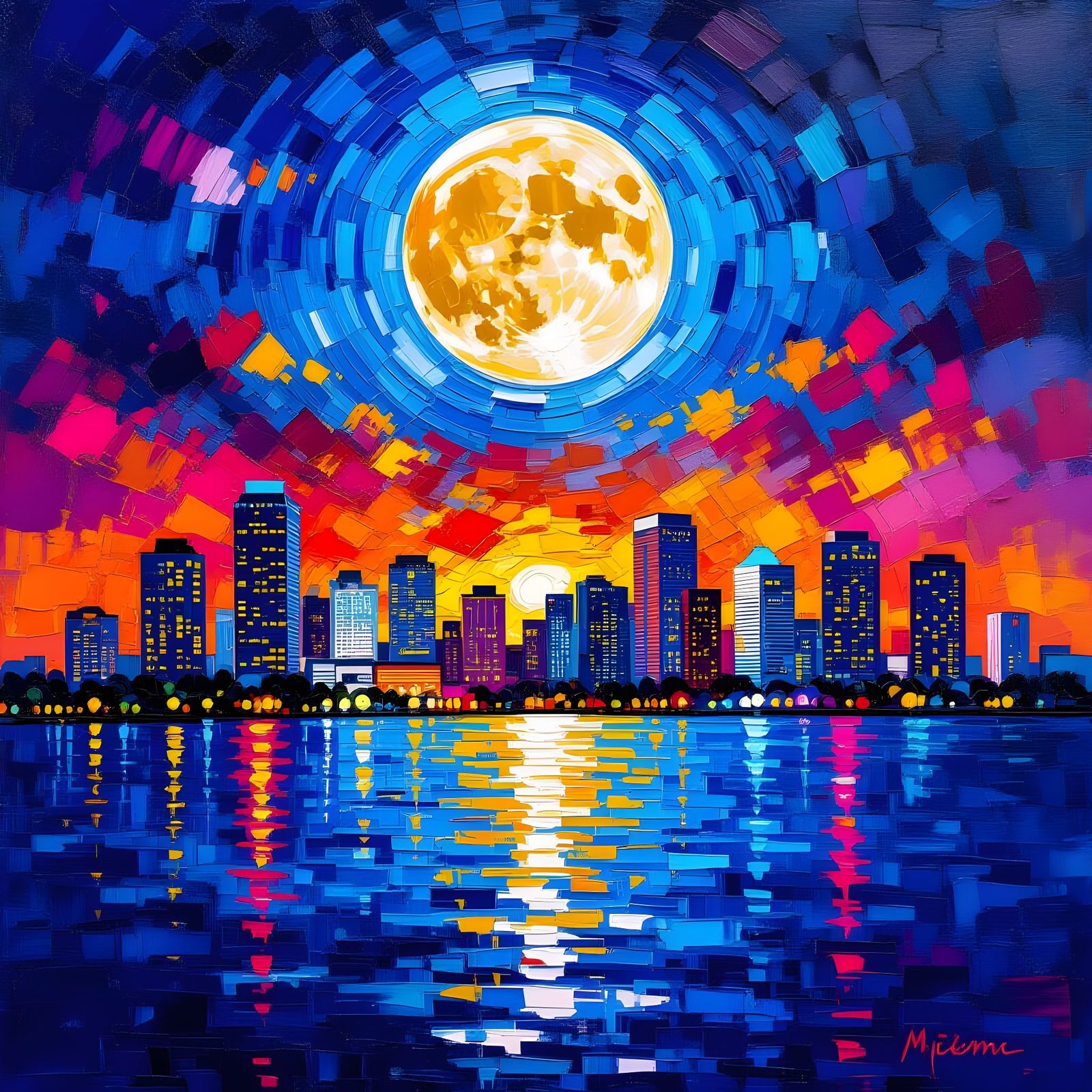 Neo-Impressionist Moon Over Miami Oil Painting