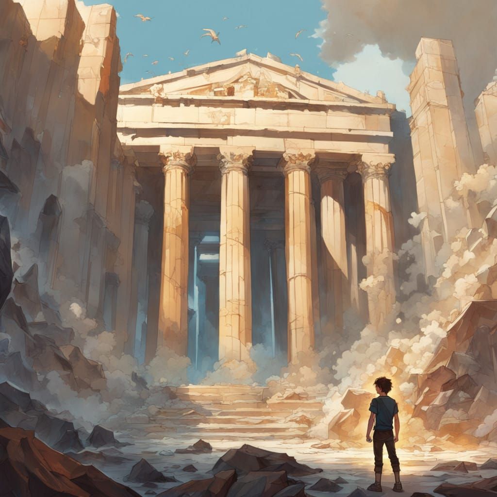 Heroic Young Warrior Stands Before Ancient Greek Temple