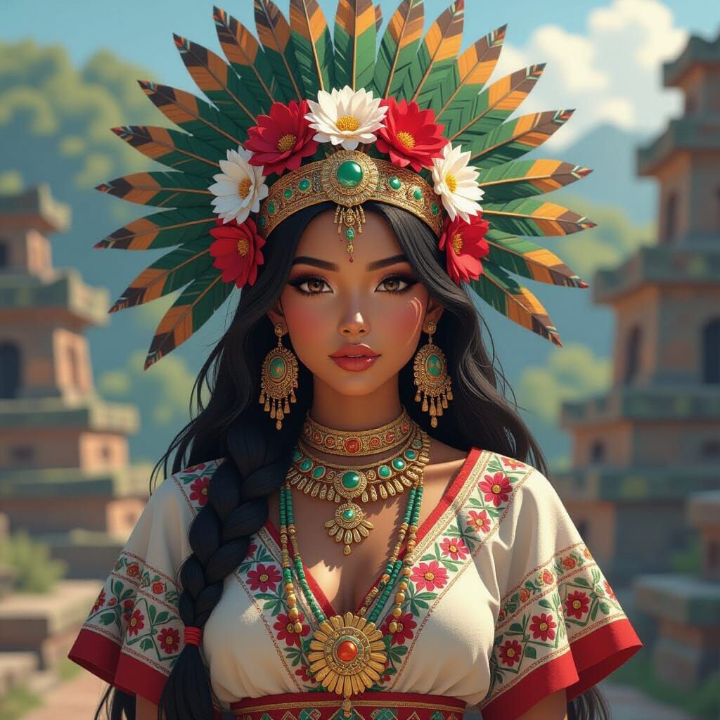 Aztec Warrior Princess with Flowers in Anime Style