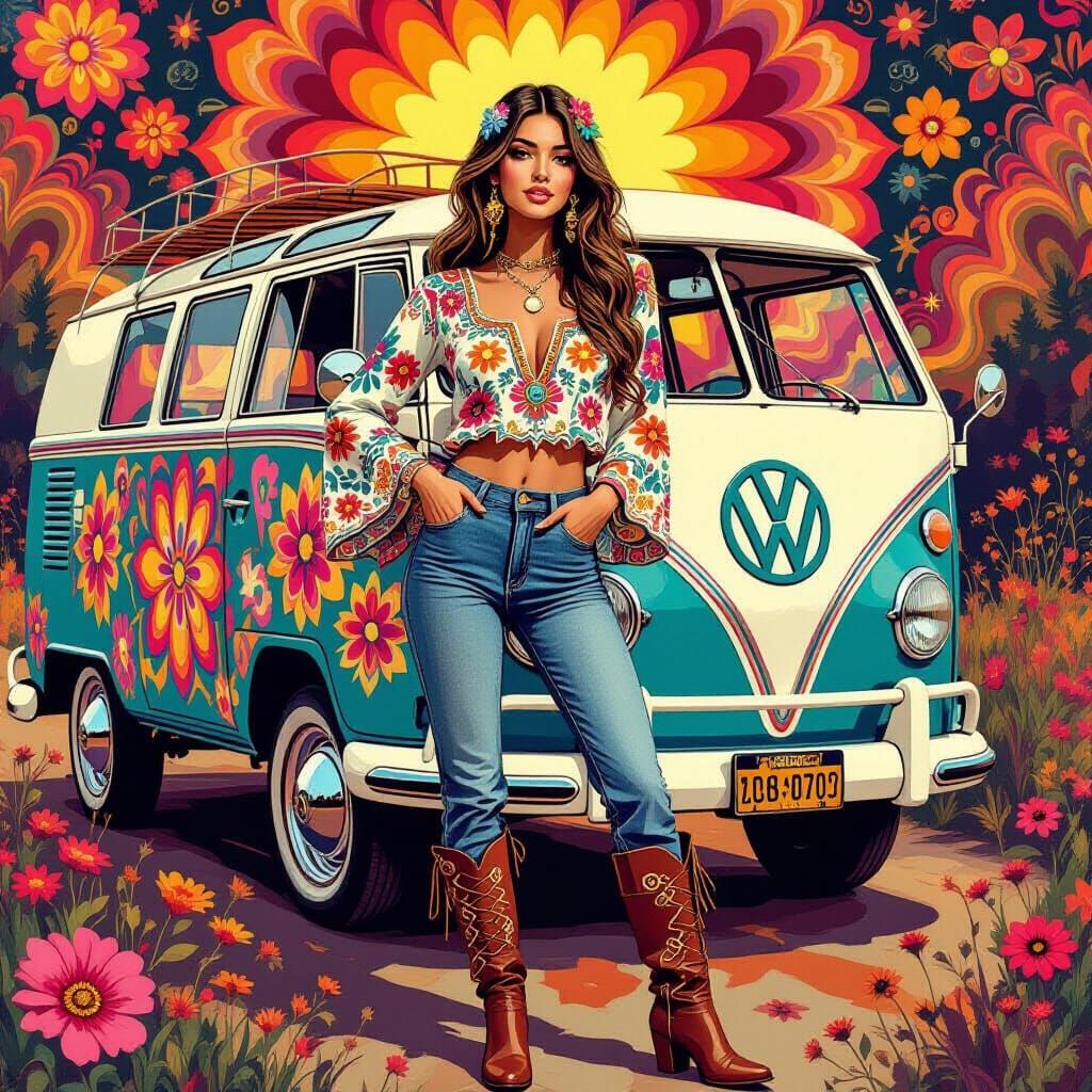 Young Hippy Woman in Boteh Blouse with 1960s VW Bus