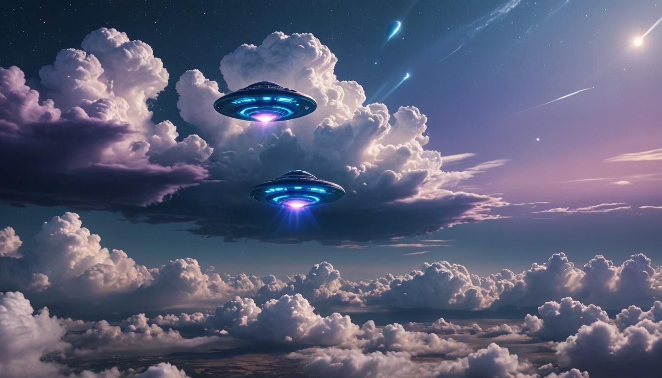 Flying Saucers and Glowing Orb in a Sci-Fi Sky