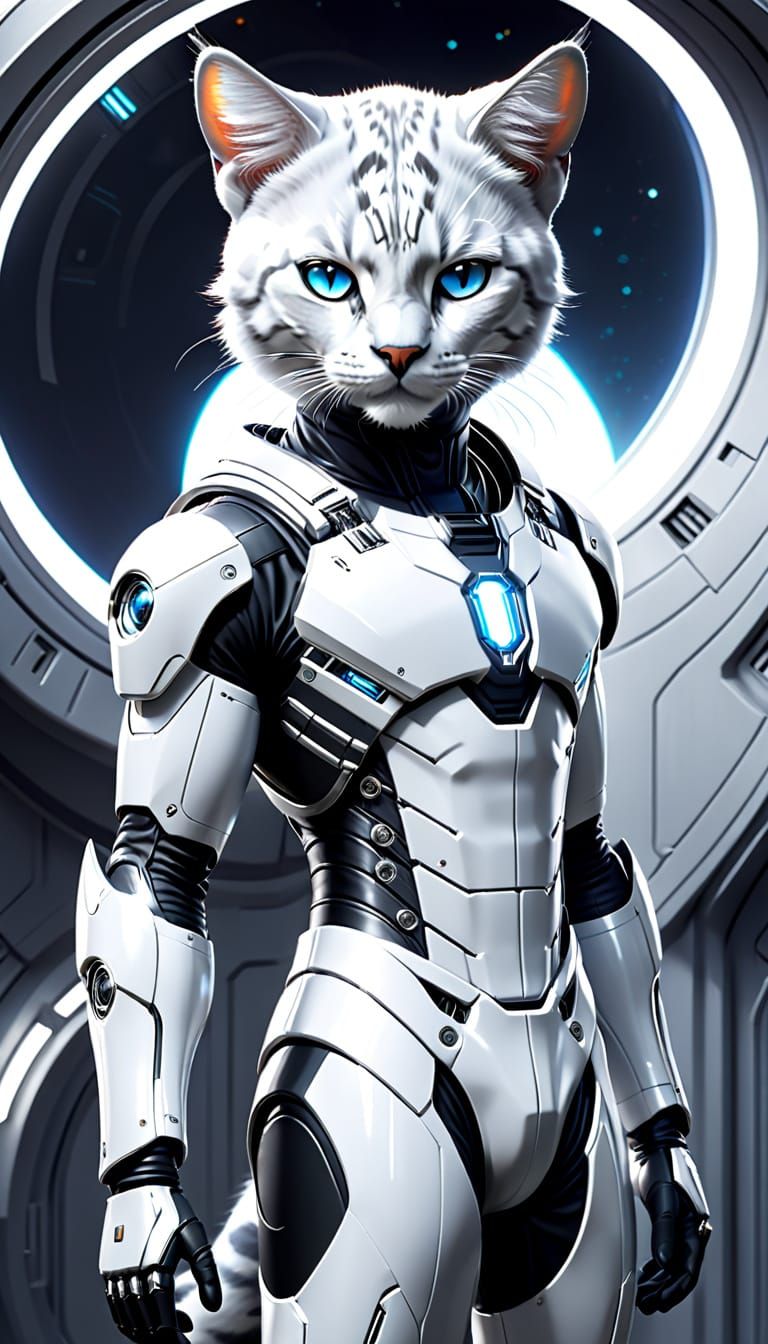 Elegant Felinoid Cybernetic Warrior in Retrofuturist Spacepo...
