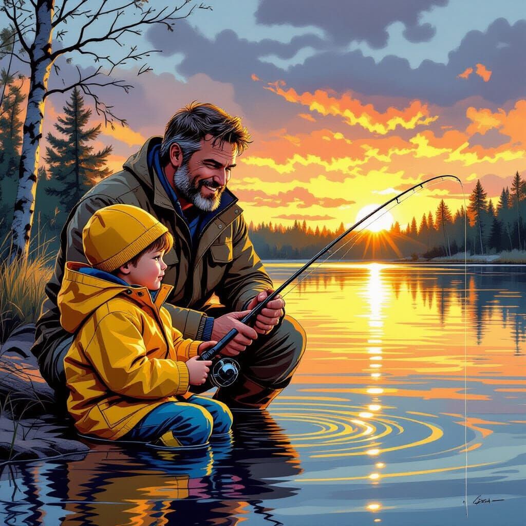 Boy and Father Fishing at Sunset: Comic Book Style