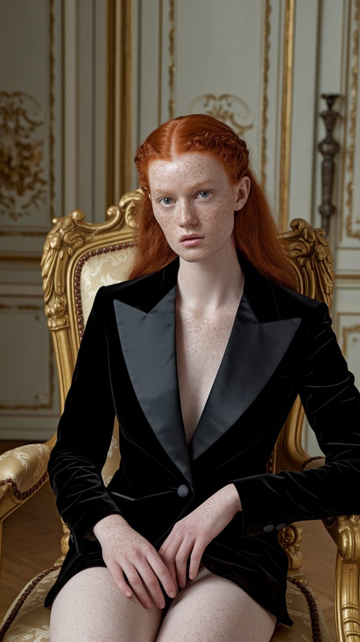 Freckled Redhead in Velvet Tuxedo: Unretouched Fashion Photo