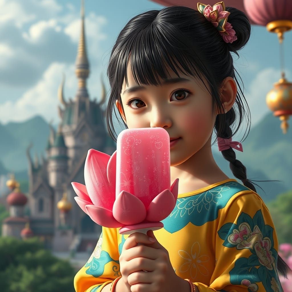 Japanese Girl with Lotus Ice Cream, Matte Painting