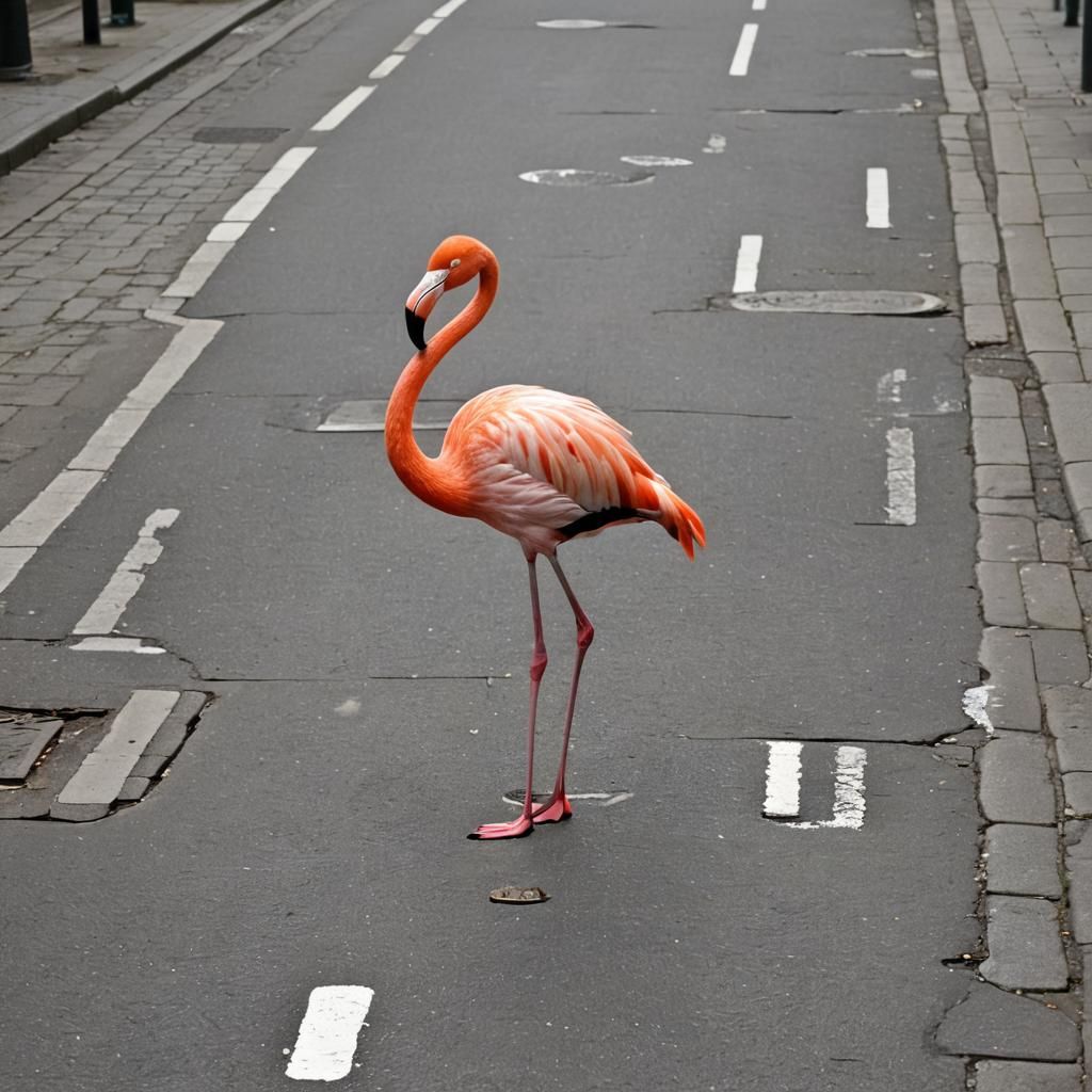Flamingo Listens to Music Walking City Street