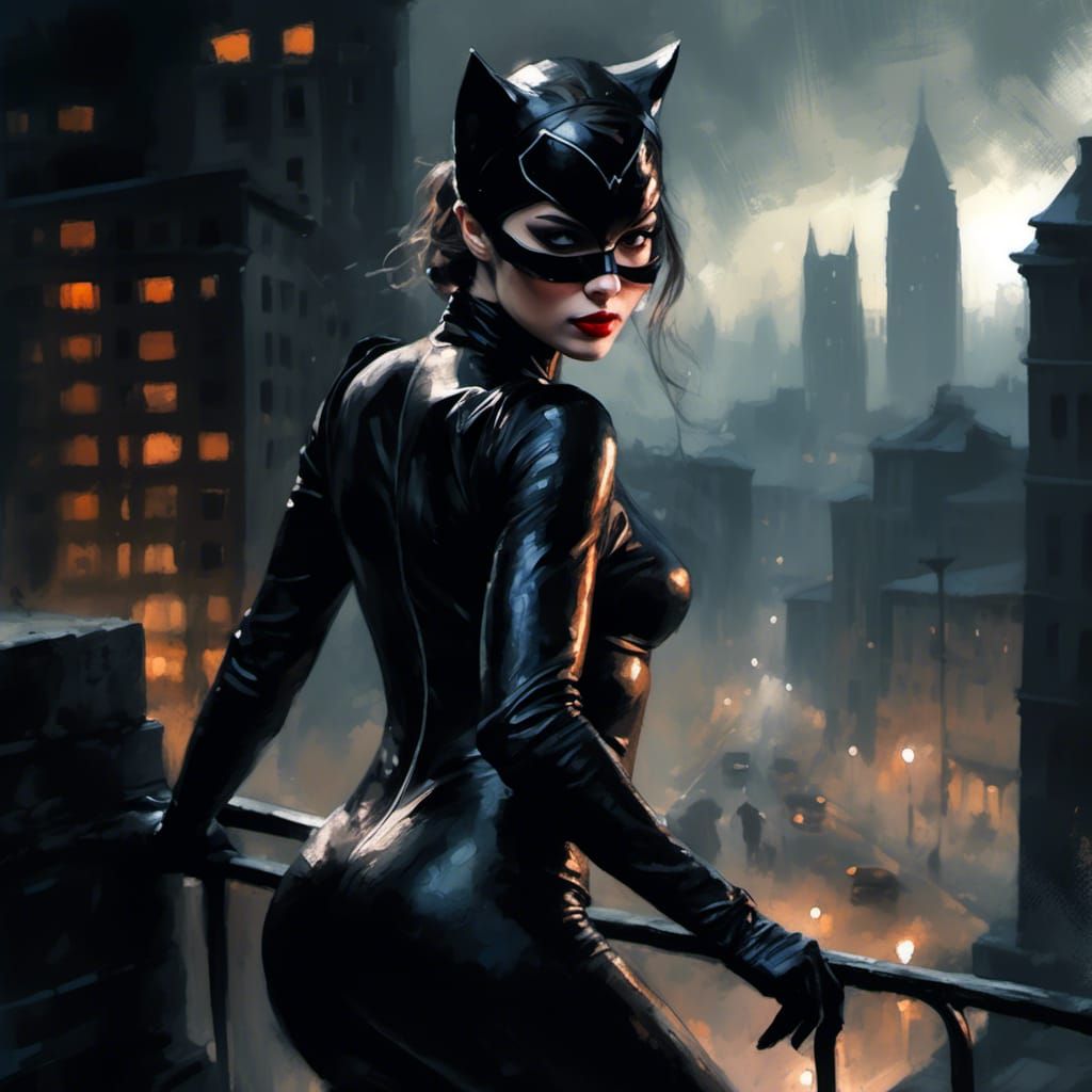 Catwoman in Gotham: Watercolor Portrait