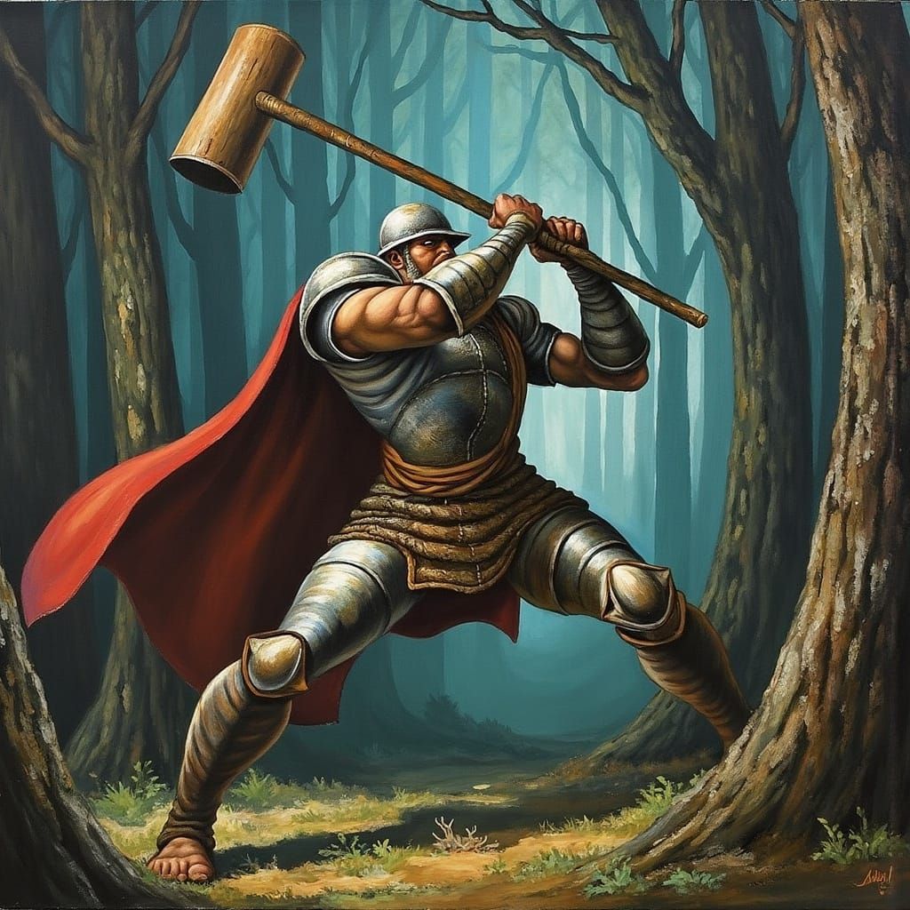 Warrior Swinging Mace in Mystical Forest, Fantasy Art