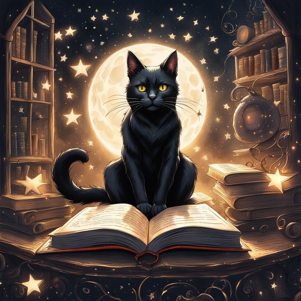 Black Cat Reading: Detailed Pencil Sketch