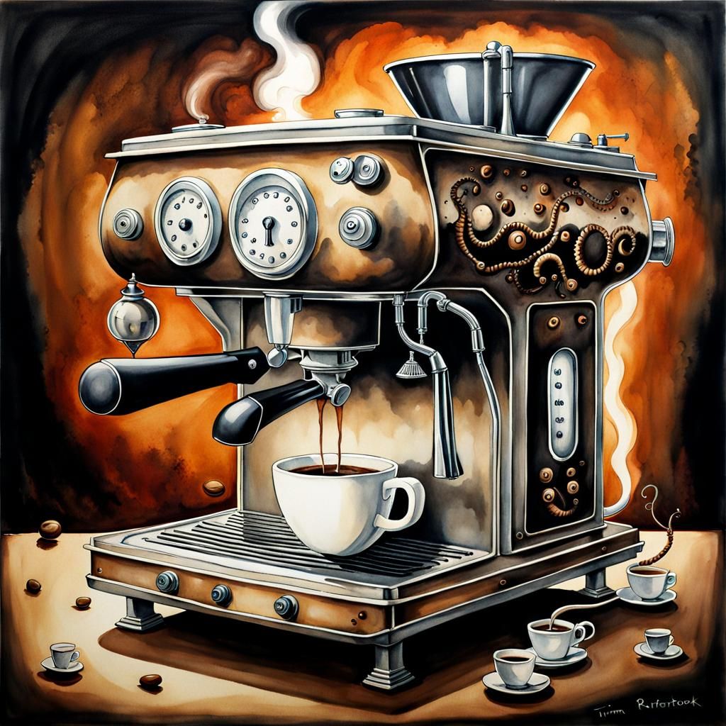 Haunted Steampunk Coffee Machine in Watercolor Style