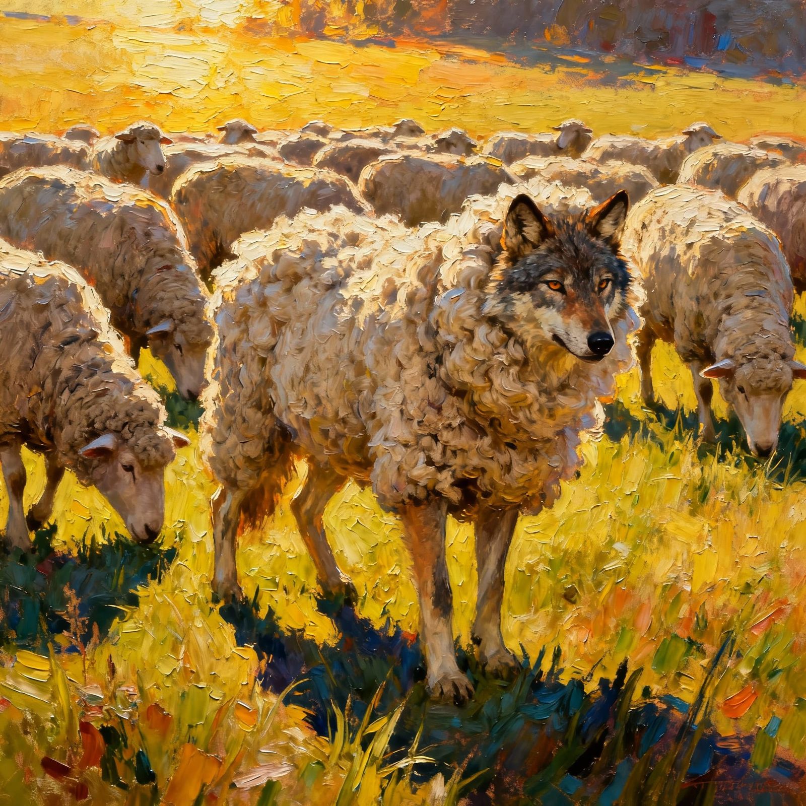 Wolf in Sheep Costume, Impasto Oil Painting